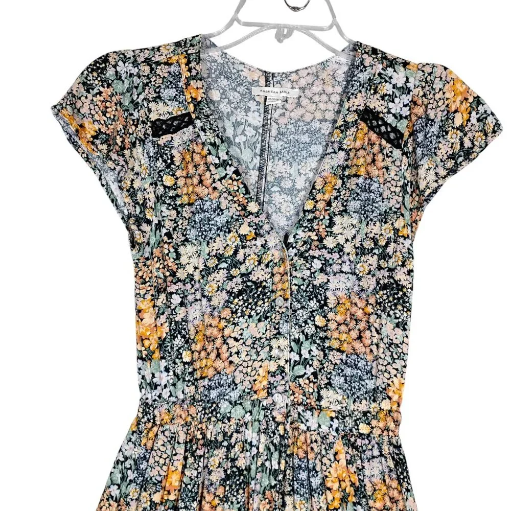 American Eagle Bohemian Dress Size XS Floral Maxi Length Short Sleeve Pullover - Picture 4 of 8